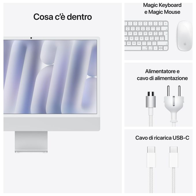 Apple MWUC3T-A iMac PC All-in-one Display Retina 4.5K Chip M4 CPU 8-core GPU 8-core 16GB 256GB SSD colore Argento