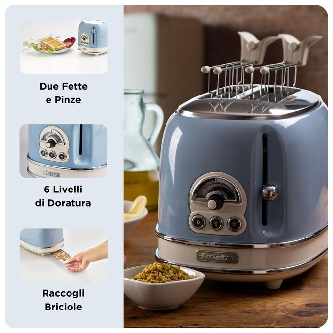 Ariete 155 Tostapane Vintage Celeste 2 Fette con Pinze 6 Livelli di Tostatura 810W Corpo Acciaio Inossidabile Vassoio Raccoglibriciole Estraibile
