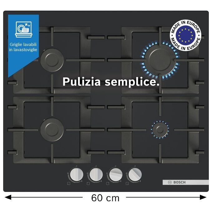 Bosch PNP6B6K40 Serie 4 Piano cottura a gas 60 cm 4 fuochi vetro temperato griglie ghisa accensione elettronica colore Nero