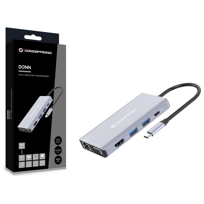Conceptronic DONN20G Docking Station 10-IN-1 USB 3.2 Gen 1 Type-C HDMI VGA USB-C PD 3x USB 3.0 Gigabit Ethernet SD TF AUX 100 W colore Grigio