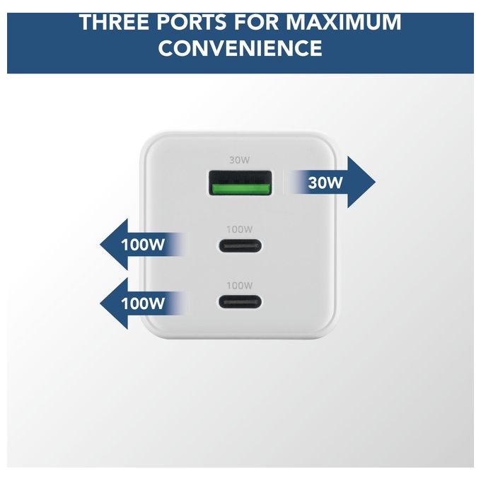 Cellularline ACHKITGAN100WTABW Multipower Kit Caricabatterie da Rete GaN 100W 3 Porte USB-C USB-A con Cavo USB-C 5A 100cm colore Bianco