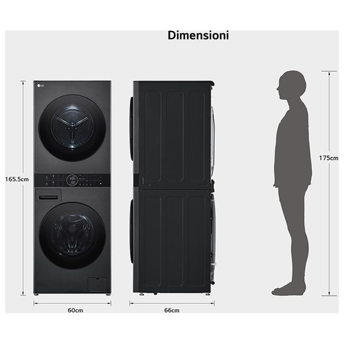 LG WT1210BBF WashTower Colonna Bucato 12-10 Kg 1400 rpm Classe A AI DD Pompa di Calore Wi-Fi (165,5x60x66 cm) colore Nero