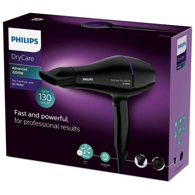 Philips BHD274-00 DryCare Pro Asciugacapelli 2200 W Motore AC ThermoProtect Ionico 6 velocita' Concentratore 9 mm Diffusore colore Nero