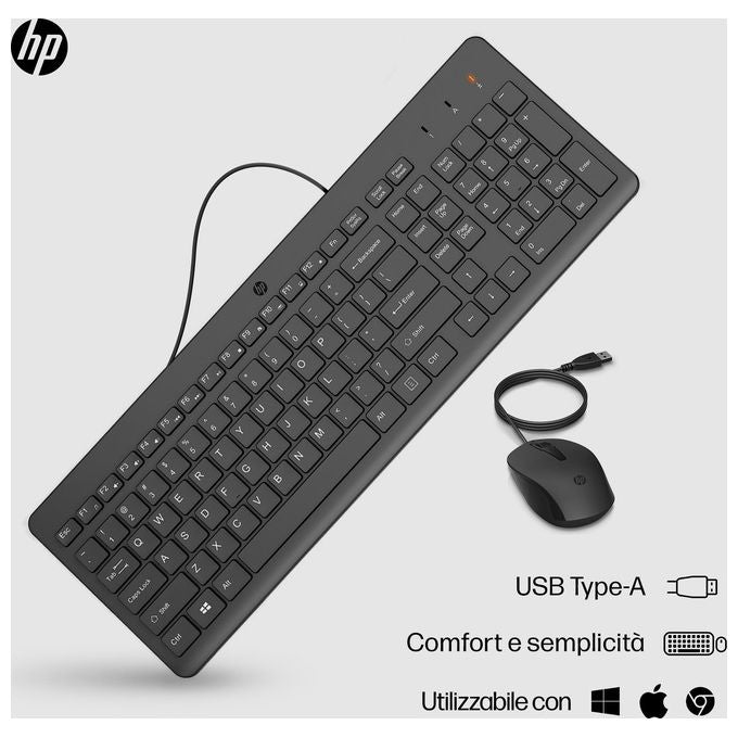 HP 240J7AA 150 Kit Tastiera e Mouse Wired USB Full-size Sensore Ottico 1600 DPI Plug and Play colore Nero