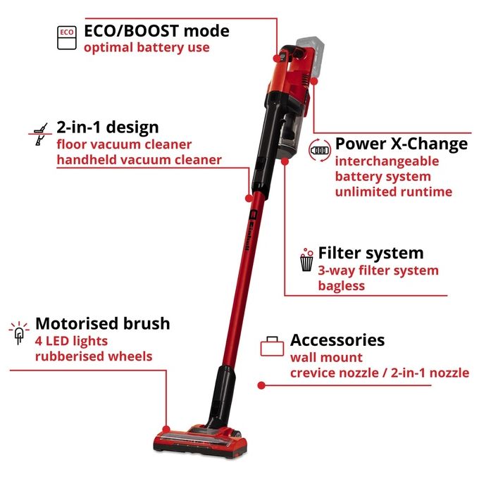 Einhell TE-SV 18 LI-SOLO Aspirapolvere a bastone 2 in 1 Senza sacchetto 0,6 L 18 V modalita' ECO BOOST colore Nero Rosso