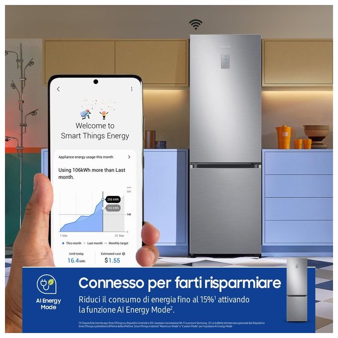 Samsung RB34C775CS9 EcoFlex AI Frigorifero Combinato 344 L 185 cm Classe C 35 dB No Frost Wi-Fi SpaceMax colore Inox