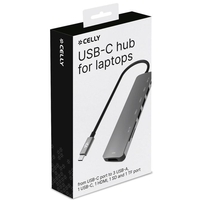 Celly PROHUB7IN1 Hub USB-C 7 in 1 3 porte USB-A HDMI 4K lettore SD MicroSD 5 Gbit-s colore Grigio