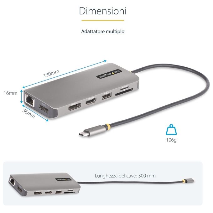 StarTech 154B-USBC-MULTIPORT Adattatore multiporta USB-C Triplo 4K 2x DisplayPort 1.4 HDMI 2.0b 4x USB-A 100W PD GbE Lettore SD MicroSD colore Grigio