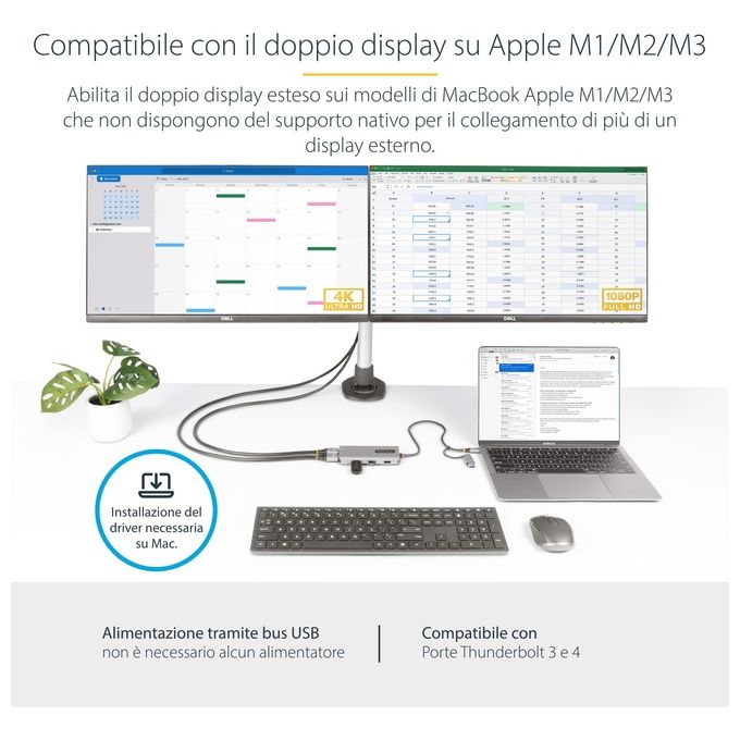 StarTech.com 167B-USBC-MULTIPORT Adattatore Multiporta USB-C Doppio HDMI 4K30Hz Hub USB-A 3 Porte 5Gbps Cavo 40 cm colore Argento