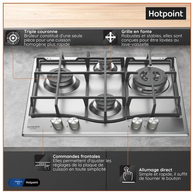 Hotpoint Ariston PCN 641 T-IX-HA Piano Cottura a Gas 4 Zone Griglie in Ghisa 60 cm Acciaio Inox