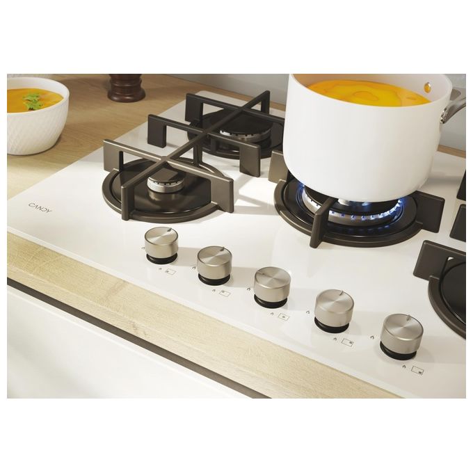 Candy CVG74WTW Moderna Piano cottura Gas 74.5 cm 5 fuochi Vetro temperato Wok 4000 W colore Bianco