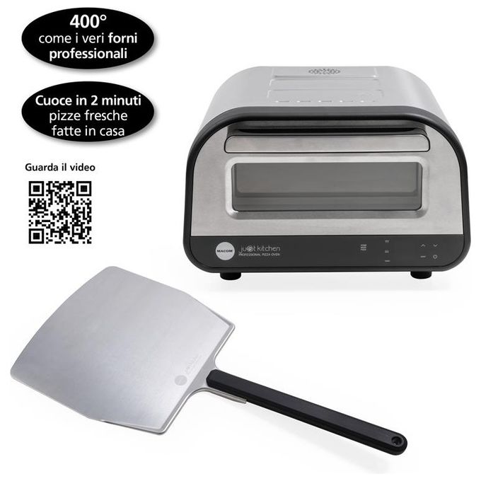 Macom 884 Just Kitchen Forno per Pizza Elettrico Pietra Refrattaria 32 cm 1700W 400°C Timer Digitale colore Nero Inox