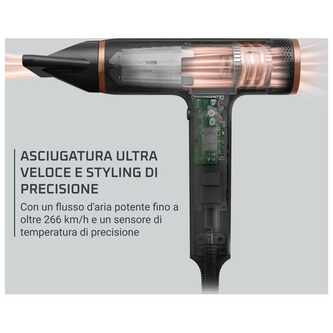 Rowenta HY8310 Nano Asciugacapelli 1700W Brushless Motore ad Alta Velocita' Ionico 3 Velocita' 3 Temperature Concentratore Diffusore colore Nero