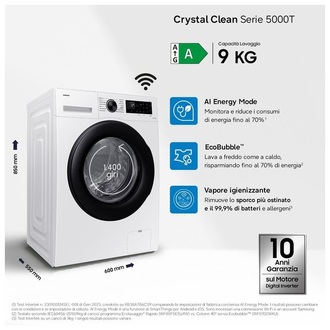 Samsung WW90CGC04DAEET Lavatrice 9 Kg Classe A Profondita' 55 cm Centrifuga 1400 giri Inverter Vapore Crystal Clean