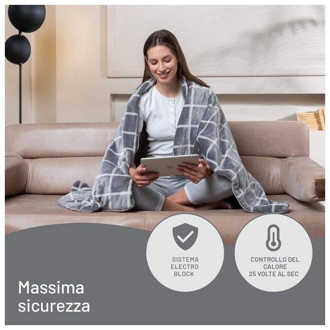 Imetec 16775 Adapto Velvet Square Plaid Riscaldabile 150x95 cm 150W 6 Temperature Timer Lavabile in Lavatrice colore Grigio Bianco