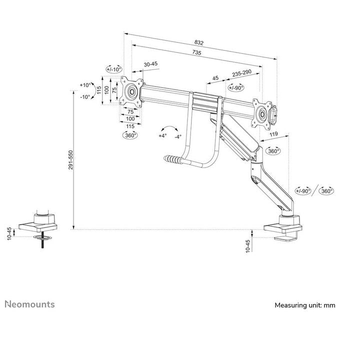 Neomounts 14793746000 DS75-450BL2 Supporto da Tavolo per 2 Schermi fino a 32'' 8 Kg ciascuno Regolabile in Altezza Rotazione e Inclinazione colore Nero