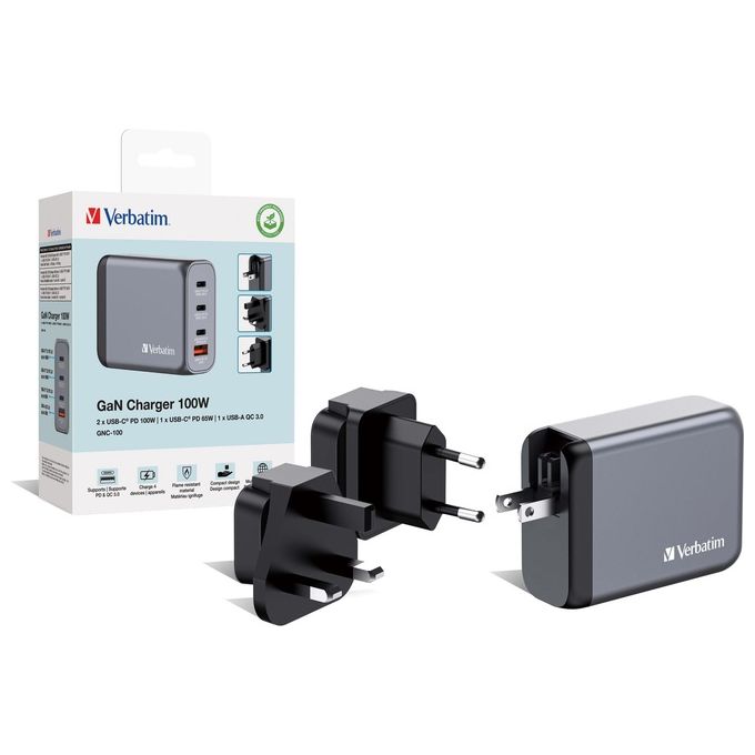 Verbatim 32202 GNC-100 Caricatore da muro 100 W con 3 USB-C PD 3.0 e 1 USB-A QC 3.0 colore Nero Grigio