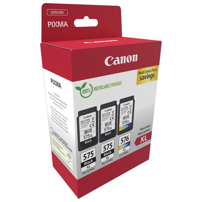 Canon 5437C004 Cartuccia Stampante Originale Alta Capacita' 2x Nero PG-575XL 1x Colore CL-576XL resa 400 pagine nero 300 pagine colore compatibile PIXMA TR4750i TR4751i TR4755i TR4756i TS3500 TS3550i TS3551i TS3750i TS3751i TS3752i colore Nero + Colore