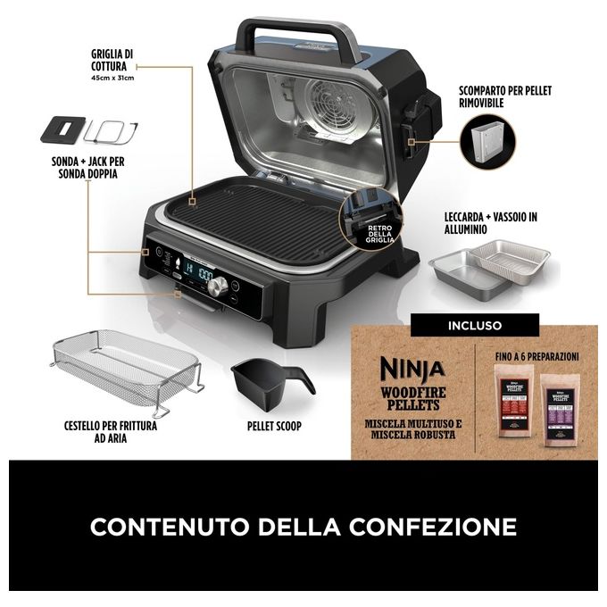 Ninja OG901EU Woodfire Pro Connect XL Barbecue Elettrico 7 in 1 Griglia Affumicatore Friggitrice ad Aria 1700W App Wi-Fi IPX4 colore Nero
