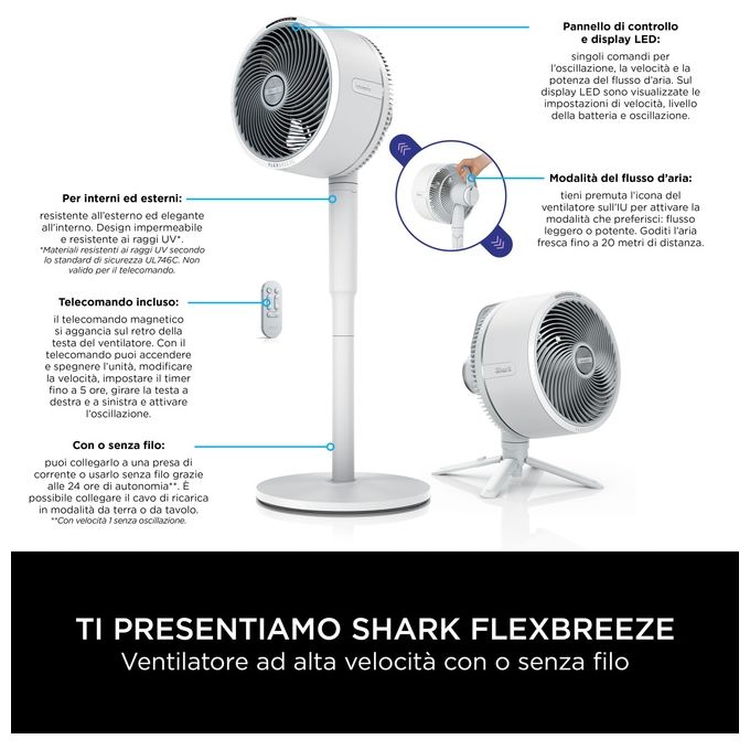 Shark FA220EU FlexBreeze Ventilatore 12 in 1 con e senza filo 5 velocita' 1600 m³-h autonomia 24 h colore Bianco