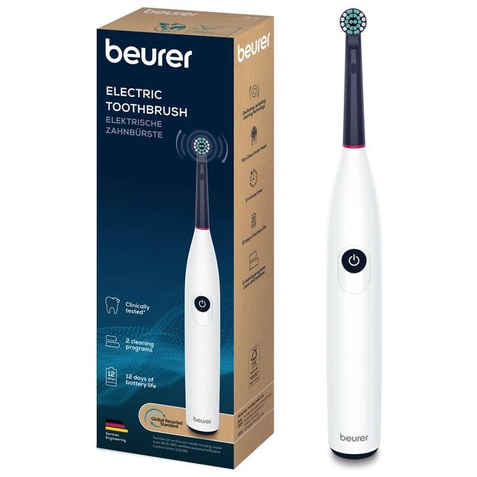 Beurer TB 15 Green Planet Spazzolino Elettrico con tecnologia oscillante e rotante - Durata batteria: 12 giorni -2 modalita' di spazzolamento (pulizia quotidiana e denti sensibili) - Timer di 2 minuti - Luce LED per livello di carica - Incl. Testina - Inc