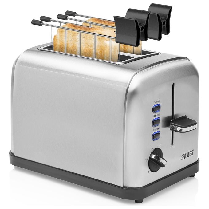 Princess 142354 Tostapane 2 Fessure 6 Livelli Doratura 850W Scongelamento Riscaldamento Stop Griglia Scaldavivande colore Argento