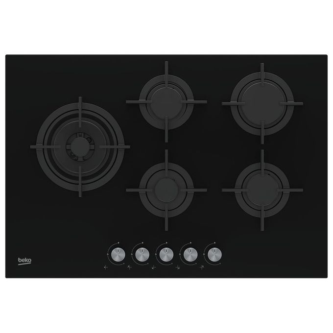 BEKO HILL75222S Piano Cottura a Gas in Vetroceramica 5 Fuochi 1 Bruciatore Wok Griglia in Ghisa 75 cm Nero