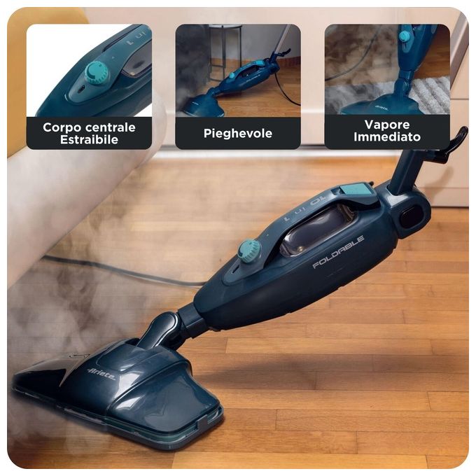 Ariete 4175-01 Steam Mop Foldable Scopa a Vapore 10 in 1 Pieghevole 1500W 0.35L autonomia 18 min colore Blu