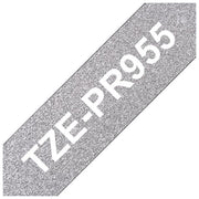 Brother TZEPR955 Nastro Laminato Premium 24 mm x 8 m Stampa Bianca su Sfondo Argento Glitter colore Argento