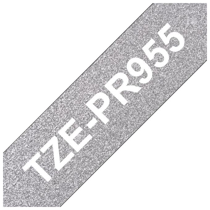 Brother TZEPR955 Nastro Laminato Premium 24 mm x 8 m Stampa Bianca su Sfondo Argento Glitter colore Argento