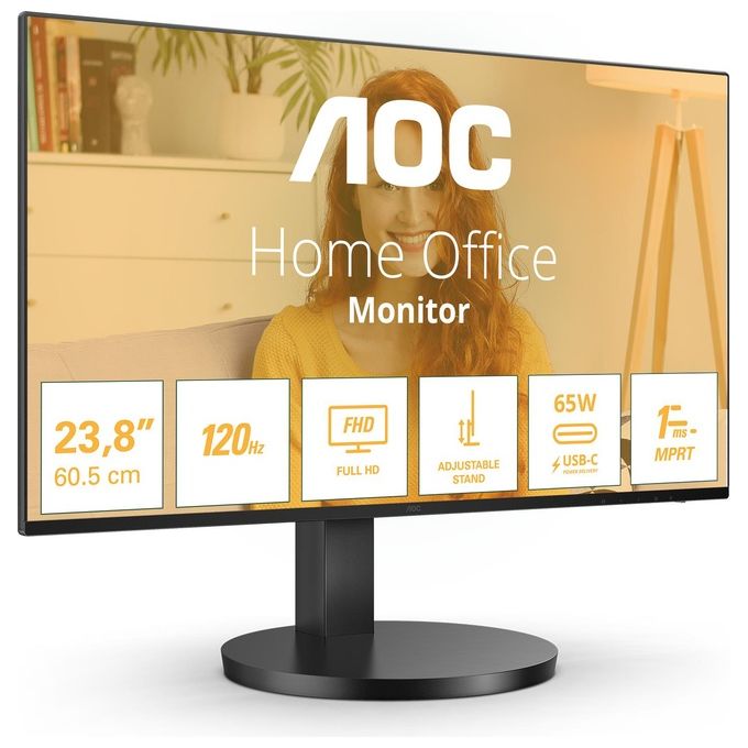 AOC AOC 24B3CF2 Monitor 23,8'' LED IPS Full HD 100 Hz USB-C 65W PD Hub USB Altoparlanti Regolabile in Altezza colore Nero