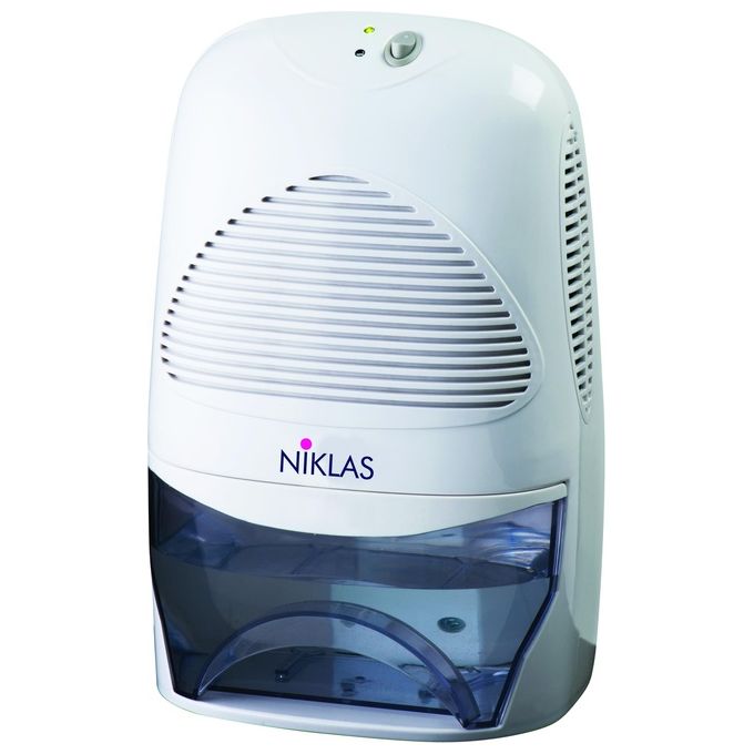 NIKLAS 73305 Dry 1500 Deumidificatore Tecnologia Peltier Capacita' 1,5 L Assorbimento 600 ml-24h Rumorosita' 40 dB Spegnimento Automatico Sistema Defrost con Ventola colore Bianco