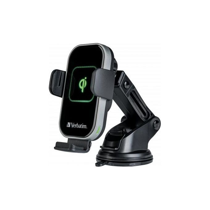 Verbatim 49553 FWC-02 Supporto per Cellulare Auto con Ricarica Wireless Qi Fast 15 W Rotazione 360° Apertura Automatica Ventosa e Supporto per Griglia colore Nero