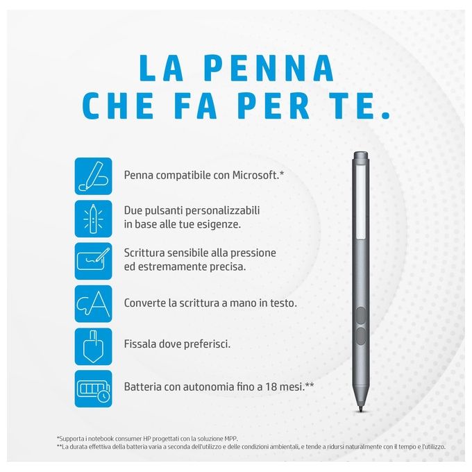 HP 3V2X4AA#ABB MPP 1.51 Penna Digitale Stilo 4096 Livelli Pressione Autonomia 18 Mesi 2 Pulsanti Configurabili colore Grigio