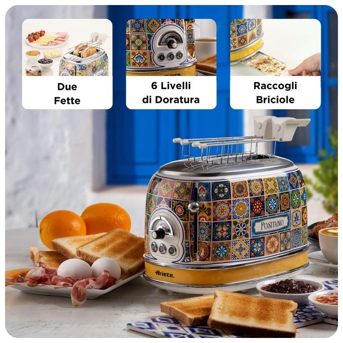 Ariete 00C01550PAR0 Positano Tostapane 2 Fette 810W 6 Livelli di Doratura Funzione Defrost Espulsione Automatica colore Giallo Blu