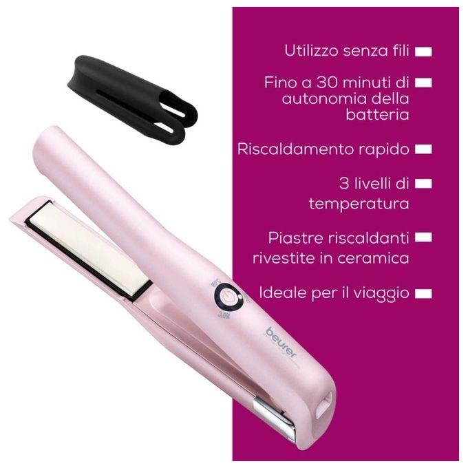 Beurer 59331 HS 20 Piastra per Capelli Senza Fili 3 Livelli Temperatura 160 200 C Ceramica Tourmalina colore Rosa