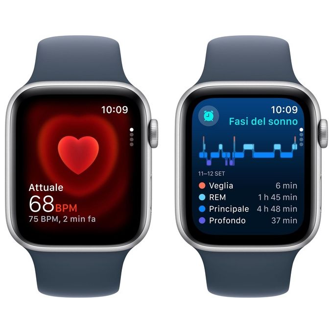 Apple MREC3QL-A Watch SE GPS Smartwatch 44mm Alluminio Rilevamento Incidenti Cadute SOS Cardiofrequenzimetro colore Argento Blu Tempesta