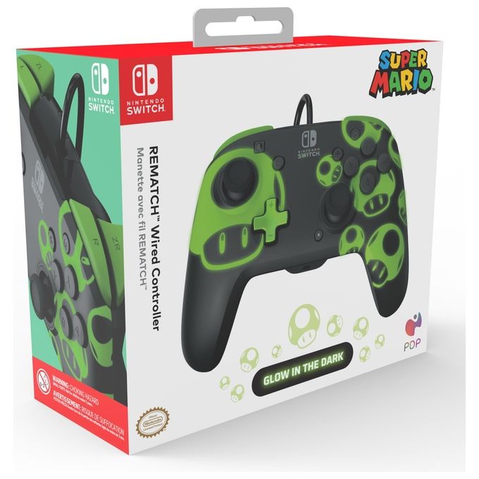 PDP 500-134-GID REMATCH: 1-Up Glow in the Dark Gamepad Cablato USB con Pulsanti Programmabili e Design Interchangeable colore Nero Verde
