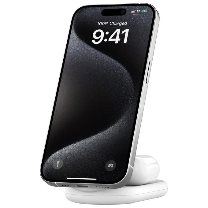 Belkin WIZ028VFWH BoostCharge Supporto di Ricarica Wireless 2-in-1 Qi2 15W con Design Pieghevole e Compatibilita' MagSafe colore Bianco