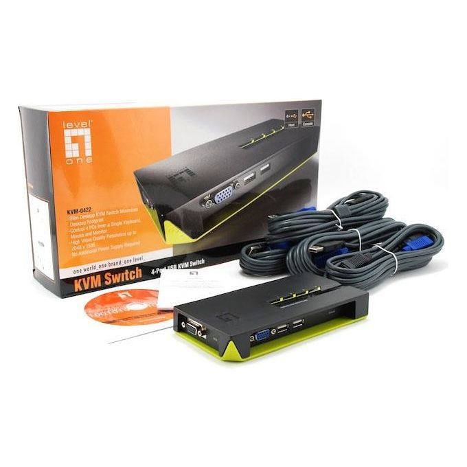 LevelOne KVM-0422 Switch KVM USB a 4 porte con risoluzione 2048 x 1536 colore Nero Verde