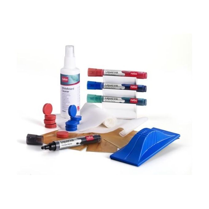 Nobo 1901430 Kit per lavagne Set di accessori con 4 pennarelli LiquidInk 1 cancellino magnetico 1 spray pulizia da 125 ml 10 magneti colore Multicolore