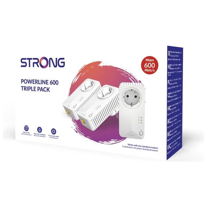 Strong PL600TRIEUV2 Kit Powerline 600 Mbps Triple Pack 3 Adattatori Presa Passante HomePlug AV AES 128 bit Plug and Play colore Bianco