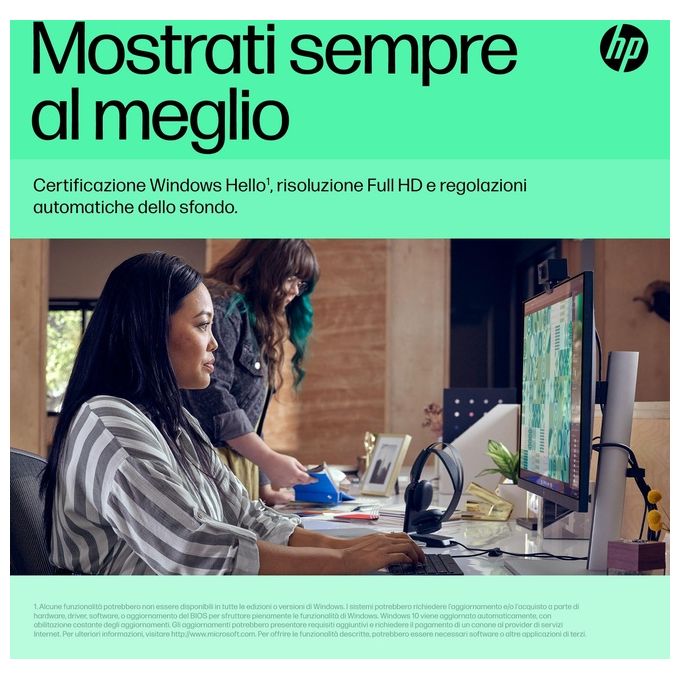 HP 6Y7L1AA#ABB Webcam HP 625 FHD Full HD 1920x1080 4 MP con Windows Hello Microfono Doppio Cancellazione Rumore Autofocus Coperchio Privacy Rotazione 360° colore Nero