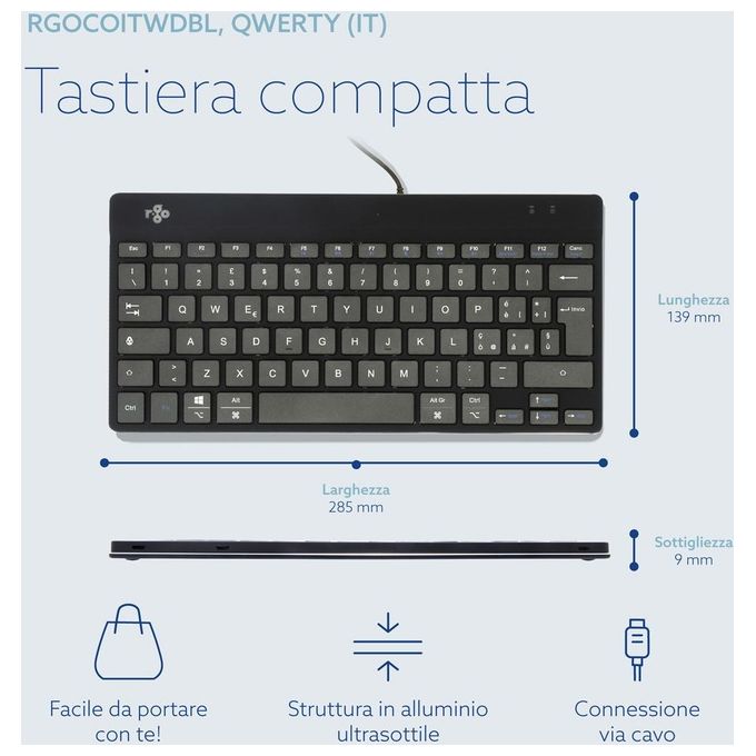 R-Go Tools RGOCOITWDBL R-Go Compact Break Tastiera Ergonomica Cablata USB-C QWERTY Italiano con Software Break LED Integrato colore Nero