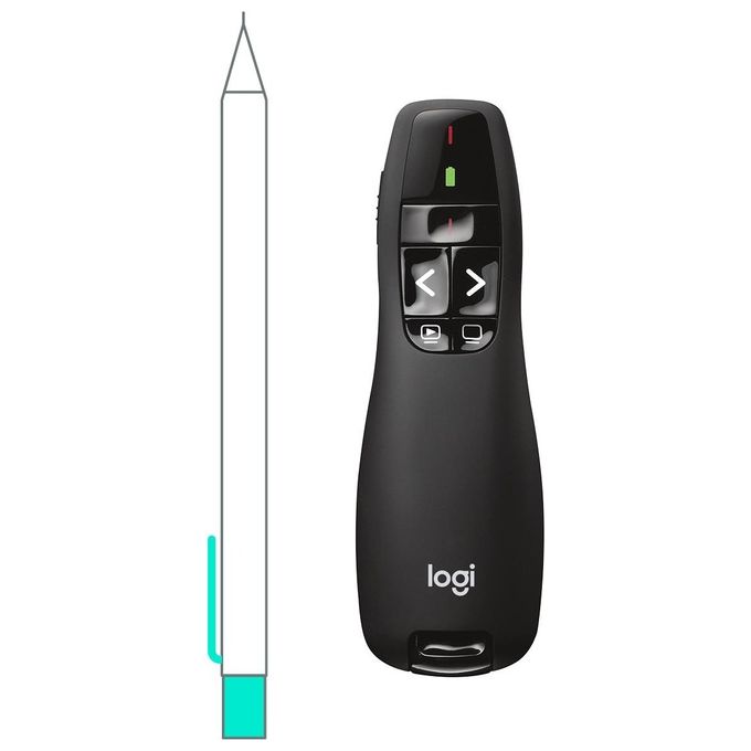 Logitech R400 Puntatore Laser per Presentazioni Wireless, 2.4 GHz e Bluetooth, Ricevitore USB, ‎Puntatore Laser Rosso, Portata 15 m, 6 Pulsanti, Controllo Intuitivo, Indicatore ‎Batteria, PC, Nero