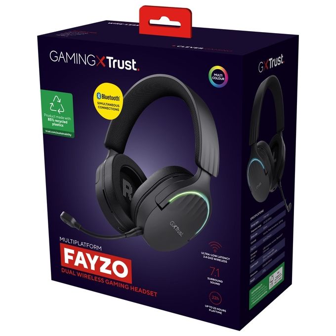 Trust 24901 GXT 491 Fayzo Cuffie Gaming Wireless Bluetooth 2.4 GHz Surround 7.1 50 mm 22 ore RGB colore Nero