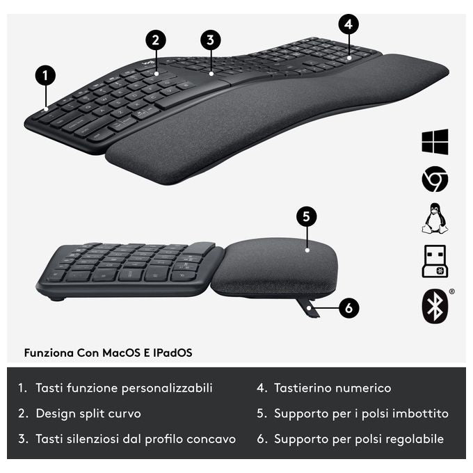 Logitech 920-010349 ERGO K860 Tastiera Split Ergonomica Wireless Bluetooth Layout Italiano QWERTY con Supporto Polso Regolabile colore Grafite