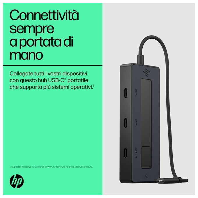 HP 6G842AA Hub Multiporta 4K USB-C 4 porte USB-C 10 Gbps risoluzione 3840x2160 fino a 65 W compatibile Windows macOS Chrome OS Android colore Nero