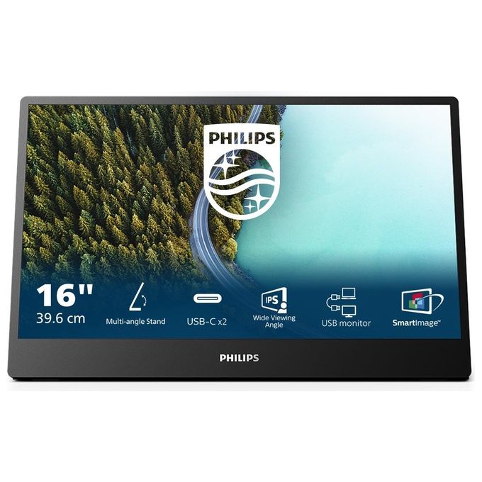 PHILIPS 16B1P3302D-00 Monitor Portatile USB-C 16'' IPS Risoluzione Full HD Angolo di Visione 170-170 Gradi Inclinazione Supporto 0-90 Gradi colore Nero