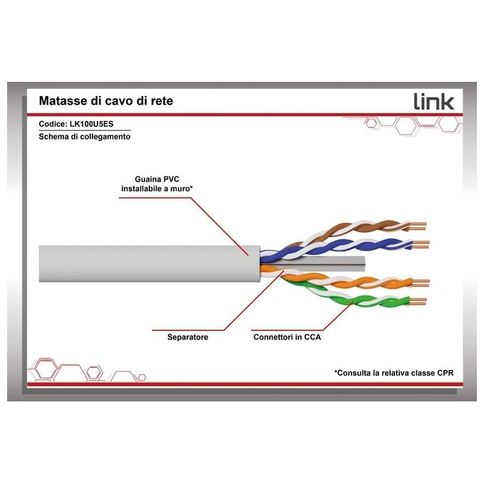 Link Cavo Solido Utp per Reti Categoria 5e Pvc Awg24 Materiale Cca Matassa 100mt Classe Cpr Eca Guaina Bianca